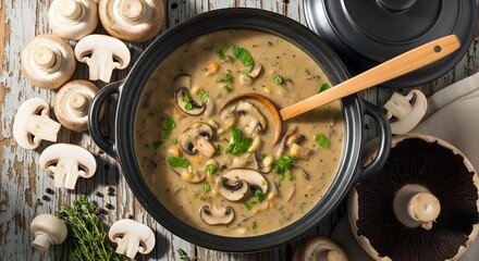Rustic Creamy Mushroom Soup in Black Pot with Ladle, Fresh Fungi, and Herbs on Wooden Table.