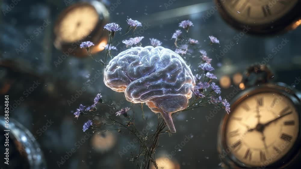 Poster close medium shot capturing a luminous artificial brain sprouting delicate flowers surrounded by blu