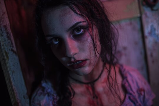 Frightening undead girl in spooky mansion