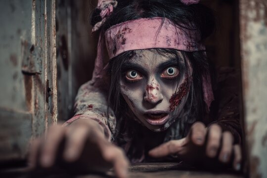Frightening undead girl in spooky mansion