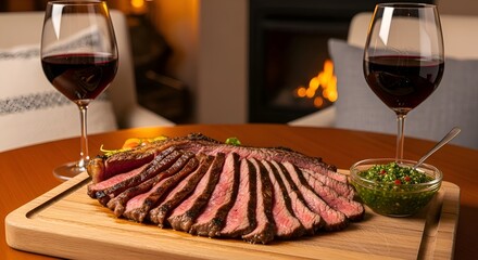 Seared T-Bone Steak with Chimichurri, Romantic Dinner Setting.
