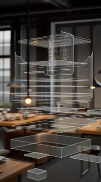 Exploded wireframe view of a futuristic smartphone with glowing interface elements in a modern office