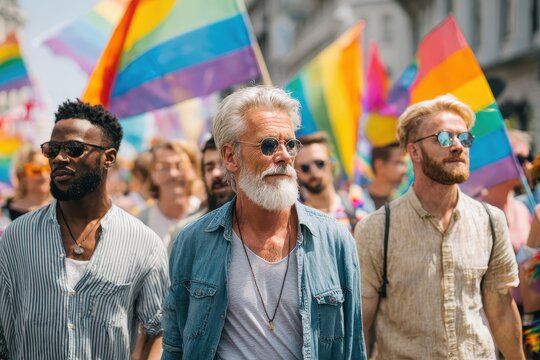 Multigenerational LGBTQ people of diverse races at a pride parade with banners and rainbow flags