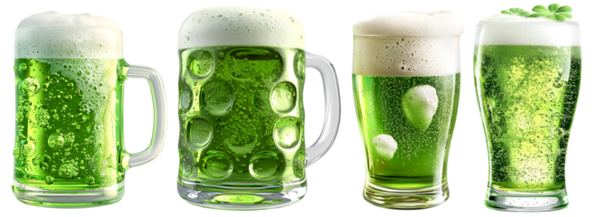 Set of green beer mugs with bubbles and foam, isolated on transparent background