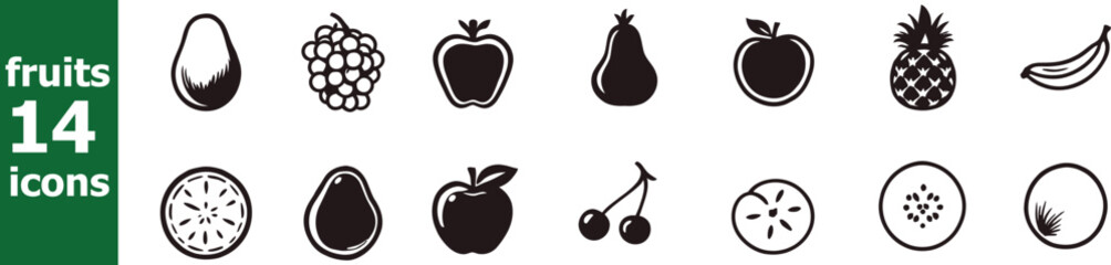 Illustration of fourteen fruit icons including avocado grapes apple pear pineapple and banana