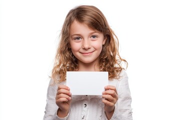 Fototapeta premium girl with blank card against white background