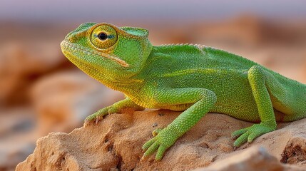 Green chameleon resting on desert rock