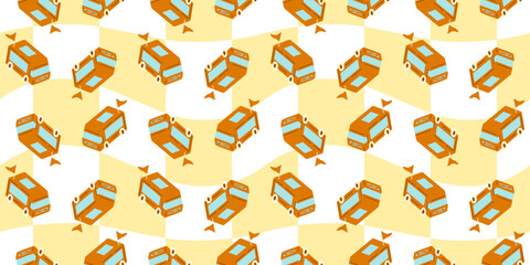 Seamless Cartoon School Bus Pattern. Cartoon orange buses with flags in flat style. Seamless travel pattern on yellow wavy background.