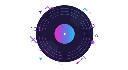 Retro vinyl record is designed in a vibrant gradient vector style as a symbol of music and entertainment