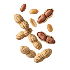 Falling Peanuts, Whole and Shelled, Isolated on a transparent Background