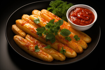 Soft potato sticks with red ketchup and parsley garnish arranged on elegant black plate in stylized food presentation