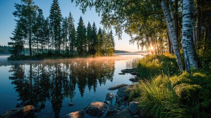 Forest Lake with Sunrise Reflection in Calm Water