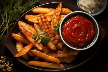 Rustic crinkle fries with ketchup and creamy dip served on black plate with wooden texture and herb garnish in soft light