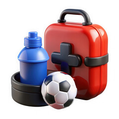 Bright red classic first aid kit with soccer ball and water bottle ready for action