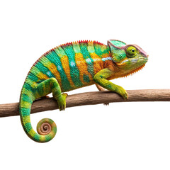 Obraz premium A vibrant chameleon with colorful markings perched on a wooden branch