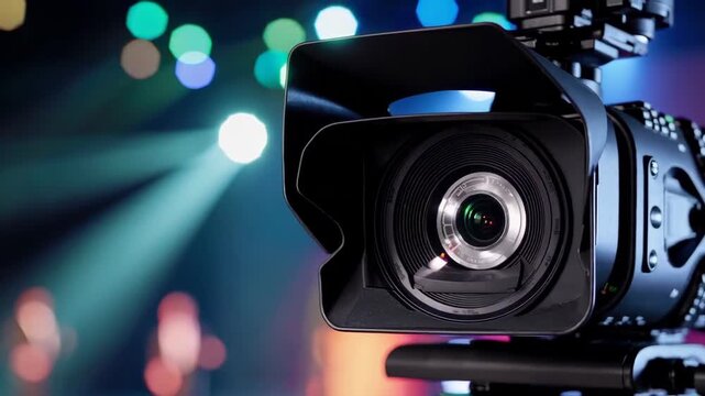 Professional video camera recording a TV show with blurred stage performers.