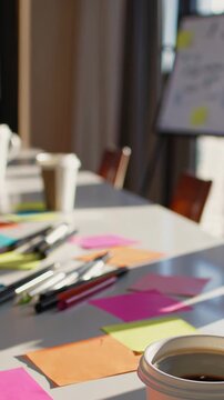 Vertical screen, colorful sticky notes and markers lie scattered on a white table in a sunlit conference room, suggesting a productive brainstorming session is about to begin or has just ended