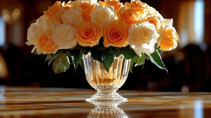 Elegant Bouquet of Peach and Cream Roses in Crystal Vase