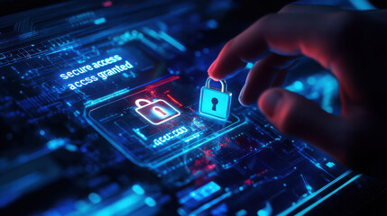 Hand interacting with digital interface showing secure access granted and padlock icons in blue