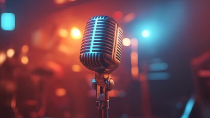 Retro Mic on Stage with Concert Lights.