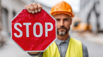 Worker holding stop sign facing forward