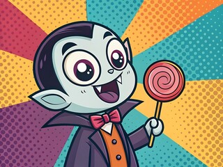 A charming cartoon vampire cheerfully holds a lollipop against a vibrant, retrostyle background, capturing the playful spirit of halloween