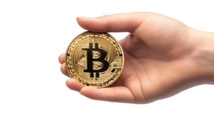 Hand holding gold bitcoin coin isolated on a transparent background