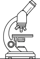 Line drawing of a microscope with base, stage, objectives, and eyepiece on a white background