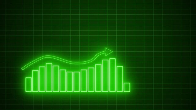 Neon Bar Chart with Downward Arrow, Technology-Inspired Business Report Chart with Neon Glow