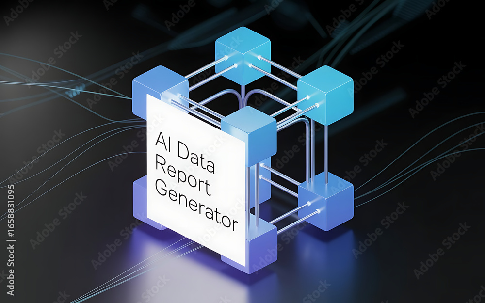 Fototapete a modern 3d rendering of a stylized data cube, forming the central focus of an ai report generator d