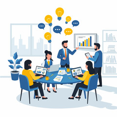 Naklejka premium Flat Design Vector of a Business Team Collaborating in a Modern Office Meeting