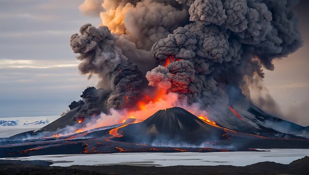 Dramatic volcanic eruption with glowing lava and ash plume