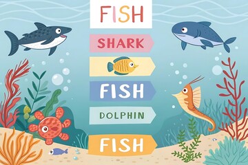 Obraz premium An educational illustration of various sea creatures, including sharks, dolphins, and fish, labels each animal with its name in a colorful underwater scene