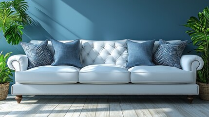 Serene Living Room: White Sofa with Blue Accents