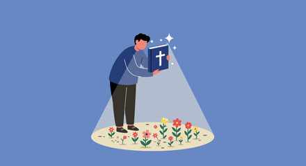 Naklejka premium Man Reading Bible Under Spotlight with Flowers