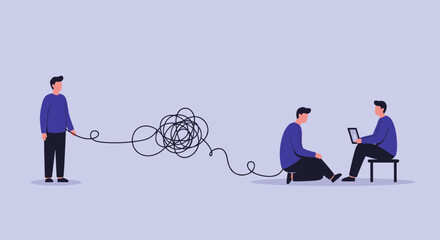 Two People Solving Knot with Rope Illustration