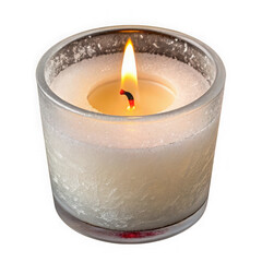 Single lit white candle in a textured glass holder close-up high angle shot
