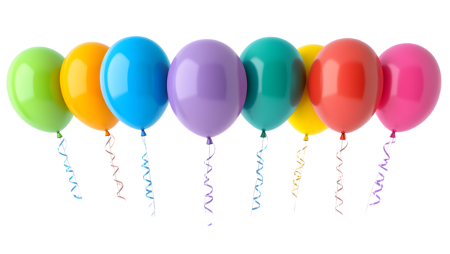 Colorful party balloons with ribbons isolated on a transparent background