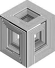 Isometric cube illusion with nested squares formed by black and white parallel lines on a white background