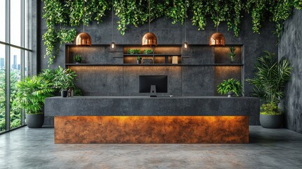 Modern Office Reception with Lush Greenery and Industrial Design