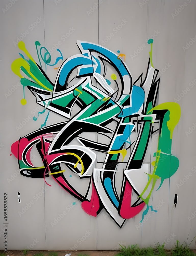 Poster a complex graffiti design explodes with color and intricate patterns, creating a visually stunning p