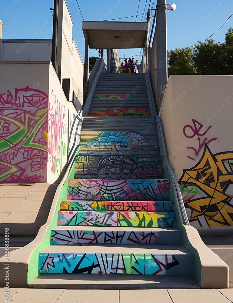 Poster a vibrant staircase is adorned with graffiti art, creating a colorful and dynamic urban landscape wi