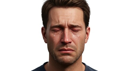 Obraz premium Emotional Man Crying Tears of Sadness and Pain Isolated on Transparent Background Showing Distress