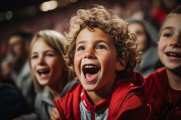 Joyful young curly boy at sports game surrounded by friends, all cheering with excitement and big smiles in crowd