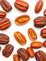 dry dates isolated on white background. Top view. Flat lay pattern