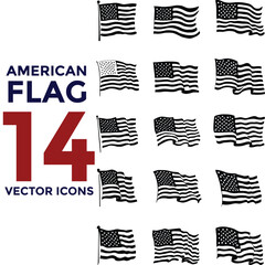 Collection of fourteen vector icons featuring american flags in various waving positions and styles