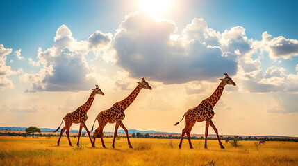 A majestic quartet of giraffes gracefully strolls across a golden savanna under a vibrant sky, their long necks reaching towards the sunlit clouds.