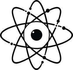 A black and white drawing of an atom with an eye in the center of the atomic structure design