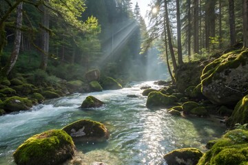 Sunlight streams through the trees, illuminating a pristine river flowing through a lush green forest