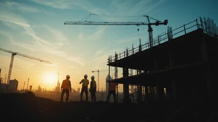 A construction site at sunrise with silhouettes of workers wearing hard. 4k video